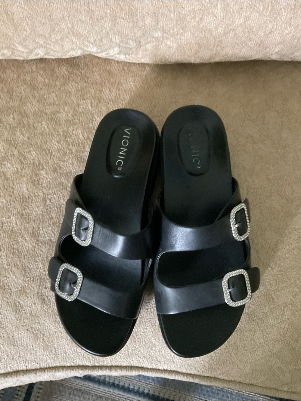 Vionic Black Platform Slide Sandals with Silver Buckles - Picture 9 of 9